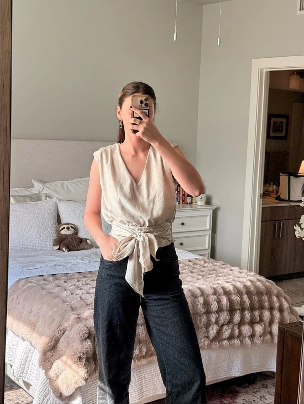 DO+BE Textured Tie-Waist Blouse in Cream Size Small